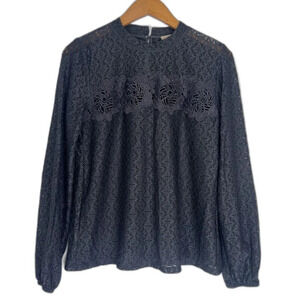 LOFT Mock Neck Gray Floral Lace Long Sleeve Semi Sheer‎ Blouse Size XS